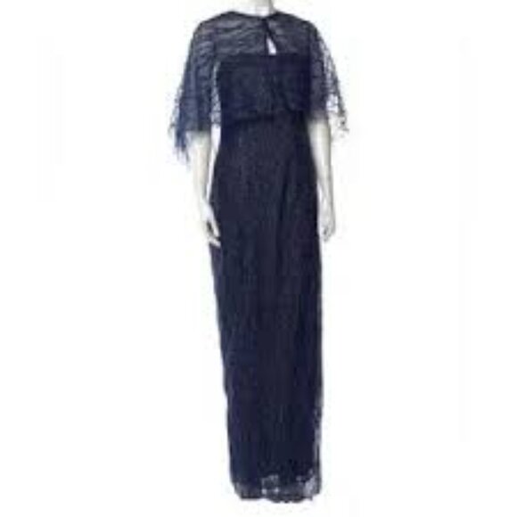 Marchesa Notte navy blue sequin embellished column cape gown dress size 4 - Picture 5 of 11